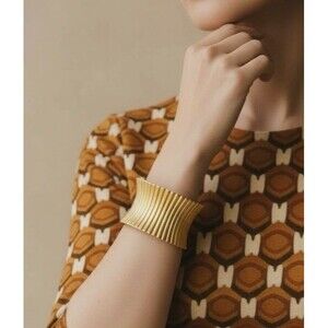 Wide Structural Ribbed Textured Gold Hero Cuff Bracelet Womens Adjustable Size